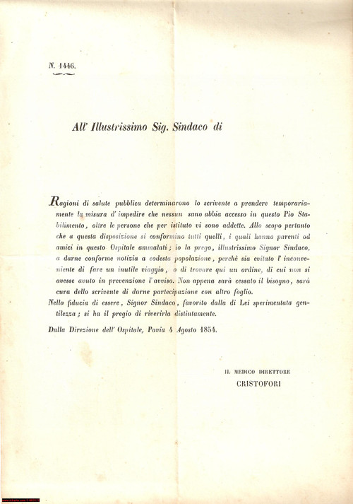 Documento originale, autentico 1854 PAVIA Che nessuna persona sana entri in ospedale - Lettera 1
