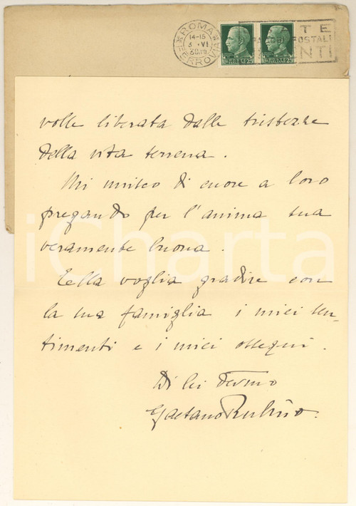 Autografo originale 1930 ROMA Lettera prof. dott. Gaetano RUBINO per condoglianze - Autografo 1