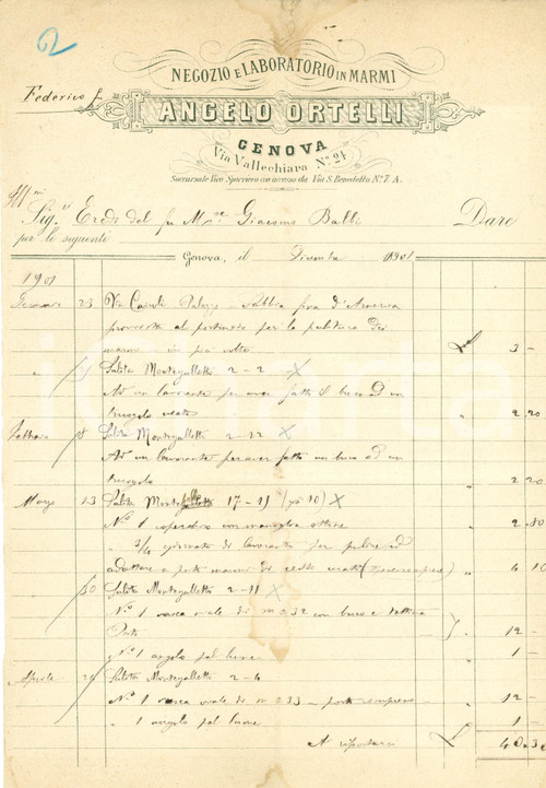 Documento originale, autentico 1901 GENOVA Federico ORTELLI lavori in marmo proprietà Marchese Giacomo BALBI 1