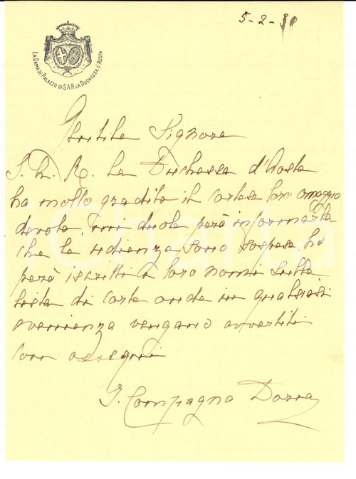 Autografo originale 1930 TORINO Isabella COMPAGNA DORIA su udienza Duchessa di AOSTA *Autografo 1