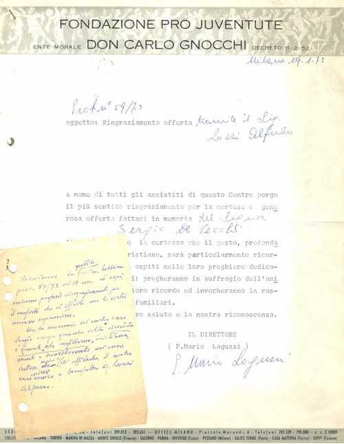 Manoscritto, lettera originale 1973 MILANO Fondazione DON CARLO GNOCCHI Lettera padre Mario LAGUZZI *Autografo 1