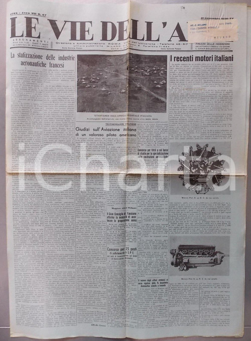 Giornale, rivista storica 1936 LE VIE DELL'ARIA Nuovi motori aeronautici FIAT aviazione italiana 1