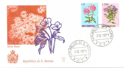 Materiale pubblicitario d’epoca 1971 REPUBBLICA SAN MARINO Fiori con annullo filatelico *BUSTA PRIMO GIORNO 1