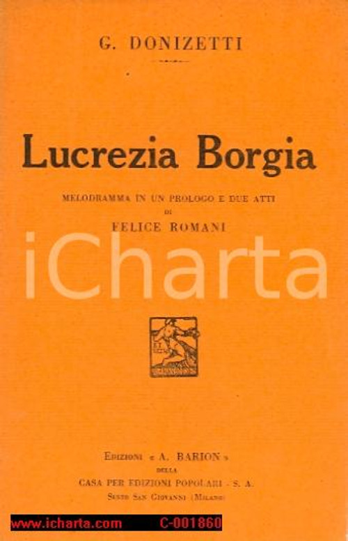 Oggetto da collezione cartaceo 1934 Gaetano DONIZETTI  Lucrezia Borgia - Libretto d'opera ed. BARION 1