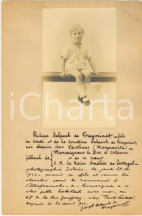 Fotografia d'epoca originale 1922 PARIS Philippe DELPECH DE FRAYSSINET enfant - Photo autographe Joseph 1