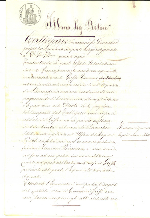 Documento originale, autentico 1876 CASTELLAZZO BORMIDA (AL) Francesco CALLIGARIS chiede pignoramento GRIFFA 1