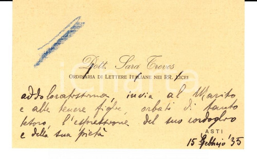 Autografo originale 1935 ASTI Biglietto autografo prof.ssa Sara TREVES 1