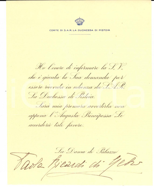 Autografo originale 1930 ca TORINO Paola RICARDI DI NETRO su udienza Duchessa di PISTOIA *Autografo 1
