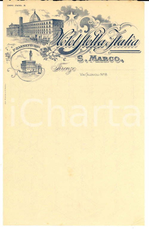 Documento originale, autentico 1900 ca FIRENZE Hotel STELLA D'ITALIA E SAN MARCO *Carta intestata 1