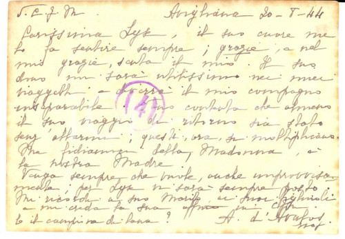 Autografo originale 1944 AVIGLIANA (TO) Anna d'AVALOS ringrazia per un dono *AUTOGRAFO 1