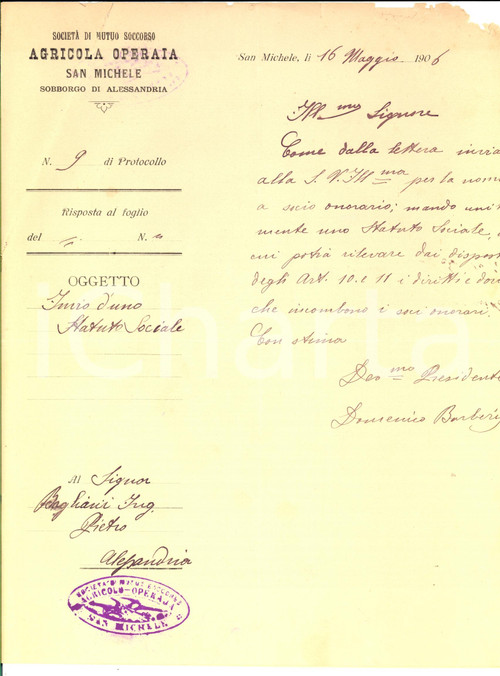 Manoscritto, lettera originale 1906 SAN MICHELE DI ALESSANDRIA Società Mutuo Soccorso AGRICOLA OPERAIA *Lettera 1