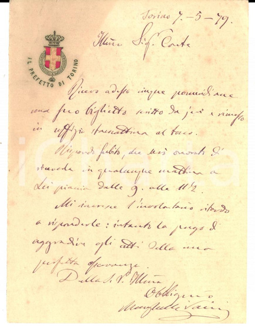 Autografo originale 1879 TORINO Prefetto Giovanni MINGHELLI VAINI concede appuntamento *AUTOGRAFO 1