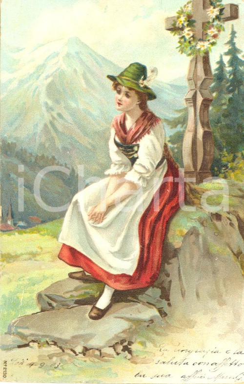 Cartolina originale da collezione 1903 COSTUMI TICINESI Giovane pastorella sotto una croce *Cartolina FP VG 1