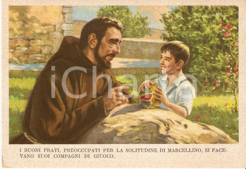 Cartolina originale da collezione 1955 ca MARCELLINO PANE E VINO Dario Gobbi FRATI GIOCANO CON MARCELLINO FG NV 1