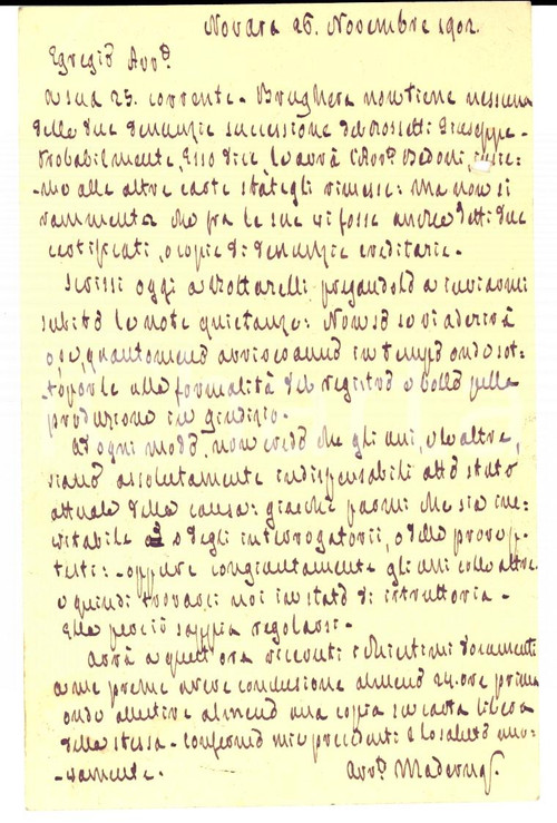 Documento originale, autentico 1902 NOVARA Avv. Enrico MADERNA al collega Giuseppe BRONCHETTI *Cartolina FP VG 1