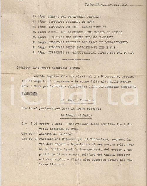 Documento originale, autentico 1933 PNF TORINO programma gita a Roma Gerarchie 1