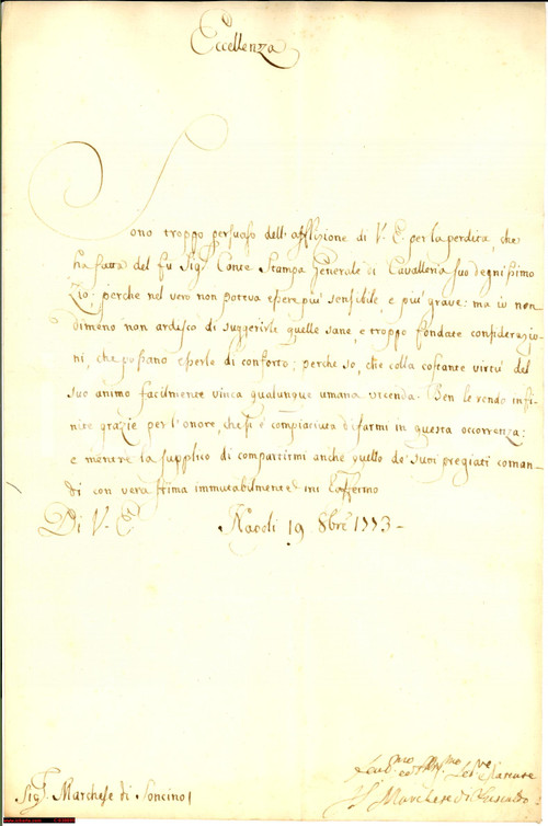 Manoscritto, lettera originale 1773 NAPOLI Lettera Gaspare SPINELLI marchese FUSCALDO 1