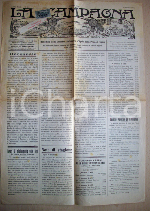 Giornale, rivista storica 1932 COMO Bollettino Agricoltura LA CAMPAGNA Decennale 1