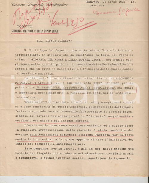Documento originale, autentico 1931 BERGAMO Francobollo antitubercolare per Giornata DOPPIA CROCE *Documento 1