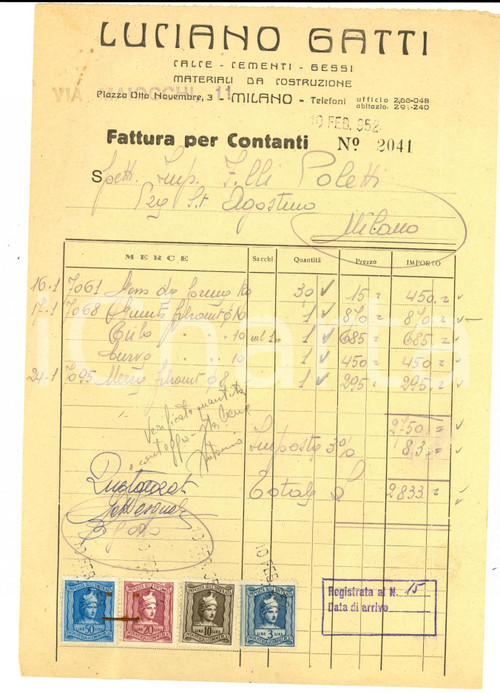 Documento originale, autentico 1952 MILANO Ditta Luciano GATTI - Calce e cementi *Fattura con bolli 1