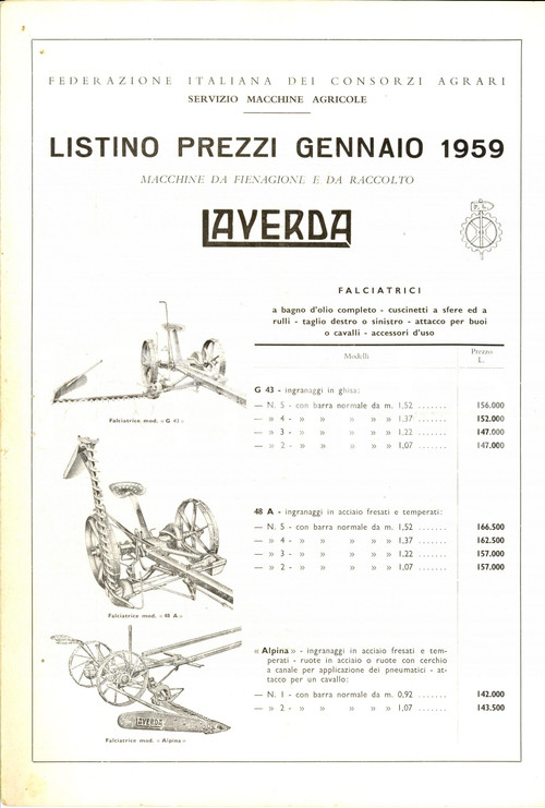 Materiale pubblicitario d’epoca 1959 BREGANZE (VI) Pietro LAVERDA Macchine da fienagione e da raccolto *Listino 1