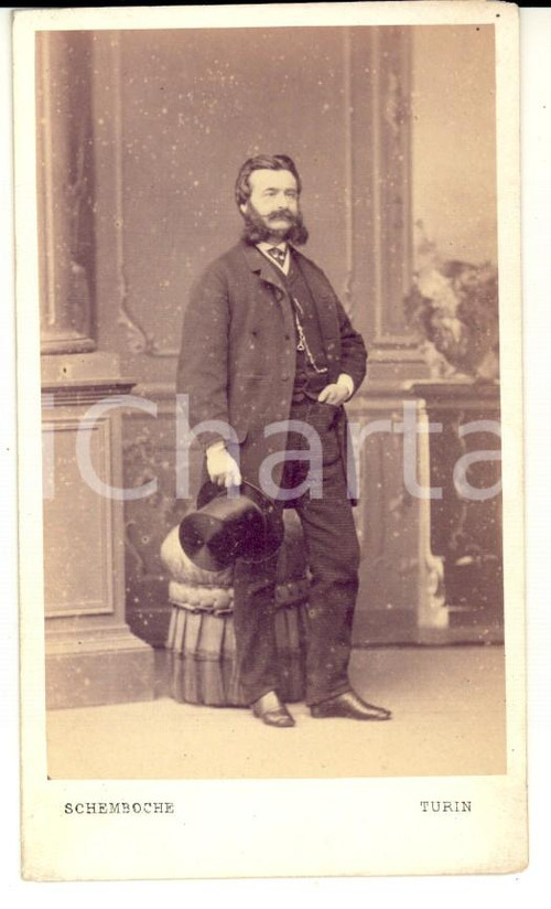 Fotografia d'epoca originale 1890 ca TORINO Ritratto di gentiluomo con cilindro e catena *Foto SCHEMBOCHE 1