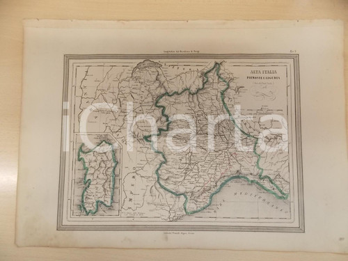 Stampa, bozzetto originale 1864 Atlante Universale - Piemonte e Liguria, Antichi Stati Sardi GUIGONI Tav. X 1