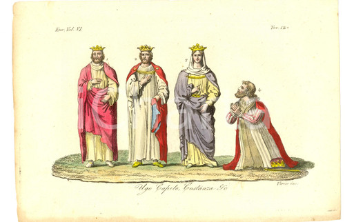 Stampa, bozzetto originale 1826 Ugo Capeto e Costanza Inc. VERICO Colorata a mano 1