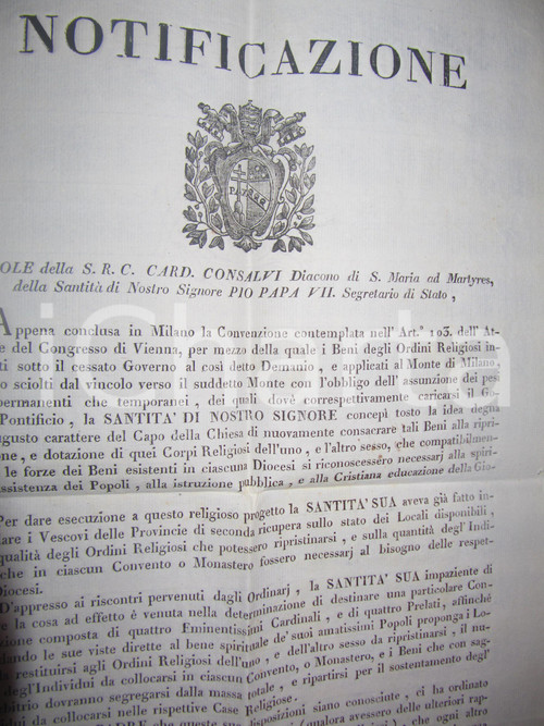 Documento originale, autentico 1817 STATO PONTIFICIO Riapertura conventi soppressi da Napoleone MANIFESTO 1