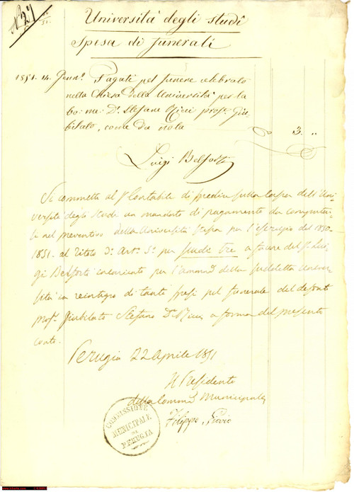 Documento originale, autentico 1851 PERUGIA Funerali Stefano RICCI prof. giubilato 1