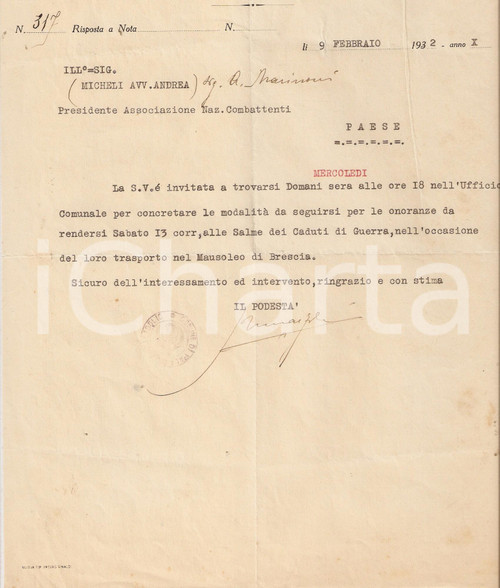 Documento originale, autentico 1932 PALAZZOLO SULL'OGLIO (BS) Invito ad Andrea MICHELI per onoranze Caduti 1
