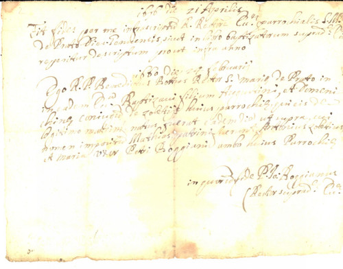 Documento originale, autentico 1660 PRATO SOPRALACROCE (GE) Certificato di battesimo di Matteo ZOLEZZI 1