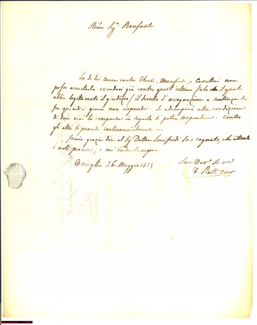 Manoscritto, lettera originale 1835 ONEGLIA (IM) Avvocato Tommaso PIATTI non blocca una causa 1