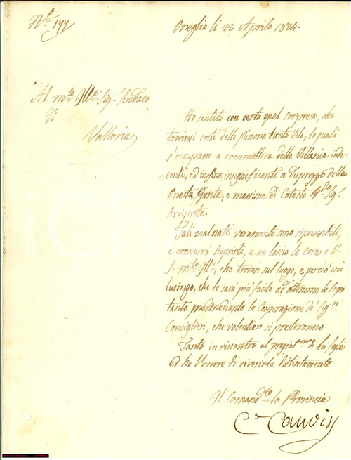 Documento originale, autentico 1824 VALLORIA (IM) Villanie indecenti all'arciprete 1