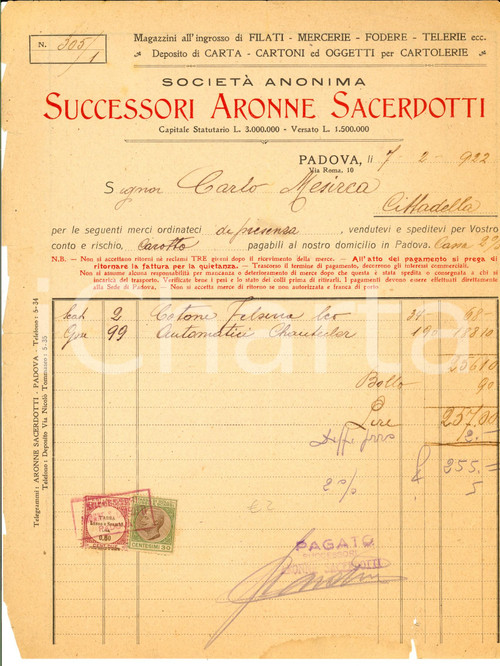 Documento originale, autentico 1922 PADOVA Società Successori Aronne SACERDOTTI Fattura intestata per cotone 1