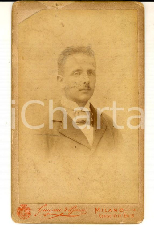 Fotografia d epoca originale 1890 ca MILANO Ritratto maschile con cravattino di raso Foto GUIGONI e BOSSI 1
