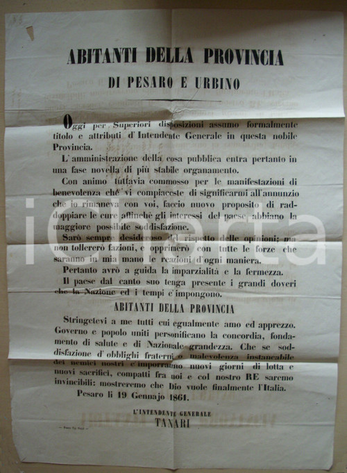 Documento originale, autentico 1861 PESARO Luigi TANARI Intendente Generale del REGNO 1