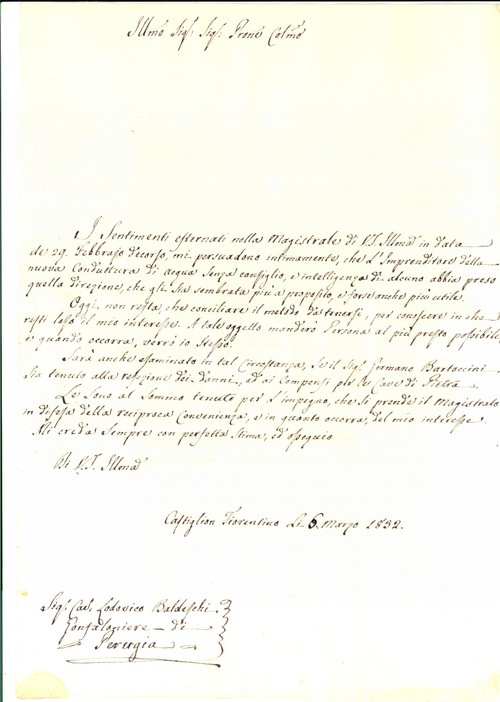Manoscritto, lettera originale 1832 CASTIGLION FIORENTINO Germano BARTOCCINI realizza conduttura senza permesso 1