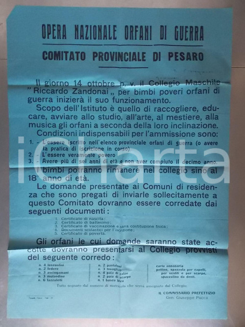 Documento originale, autentico 1946 PESARO Apertura collegio RICCARDO ZANDONAI per orfani di guerra Manifesto 1
