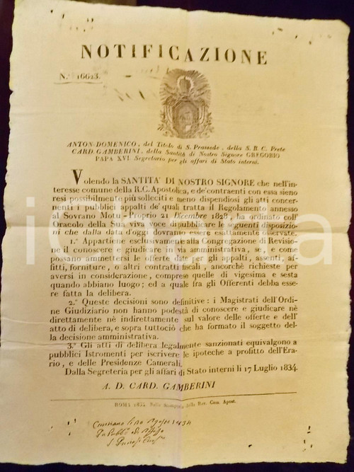 Documento originale, autentico 1831 STATO PONTIFICIO Sulle competenze della Congregazione di Revisione 1