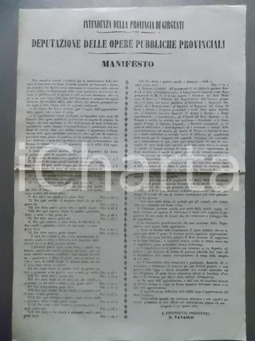 Documento originale, autentico 1857 CANICATTI  AG Appalto per dazi alla barriera di GIACCHETTO Manifesto 1