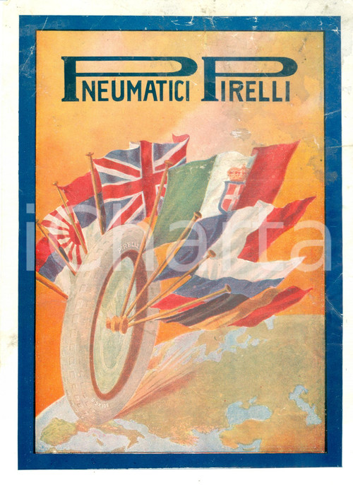 Materiale pubblicitario d’epoca 1935 ca PNEUMATICI PIRELLI Volantino pubblicitario ILLUSTRATO DANNEGGIATO 1