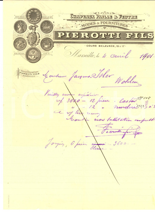 Documento originale, autentico 1901 MARSEILLE F PIEROTTI FILS Chapeaux paille et feutre  Modes Lettre 1