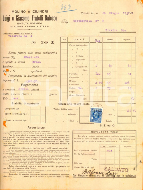 Documento originale, autentico 1932 RIVALTA BORMIDA AL Molino a cilindri FRATELLI BALOCCO Fattura intestata 1