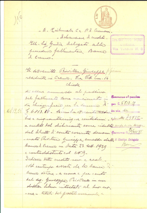 Documento originale, autentico 1933 CREMONA Giuseppe PRIVITERA creditore nel fallimento BANCA DI CREMA 1