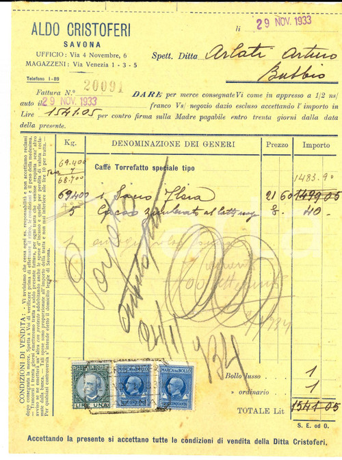 Documento originale, autentico 1933 SAVONA Ditta Aldo CRISTOFERI Fattura intestata per caffÃ¨ torrefatto 1