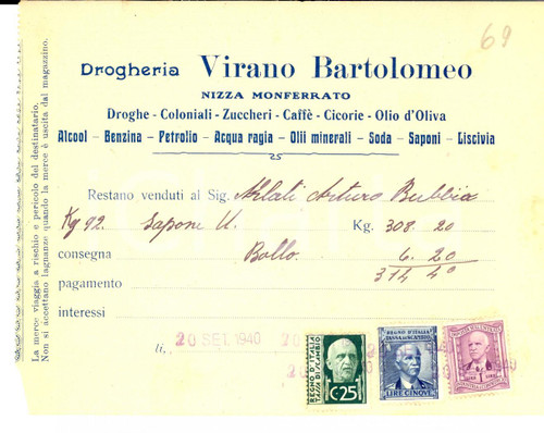 Documento originale, autentico 1940 NIZZA MONFERRATO AL Drogheria Bartolomeo VIRANO Fattura intestata 1