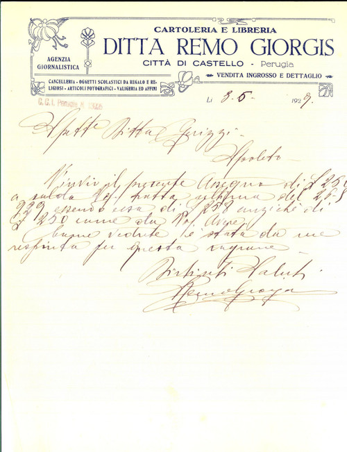 Manoscritto, lettera originale 1929 CITTA  DI CASTELLO PG Cartoleria Remo GIORGIS Lettera commerciale 1