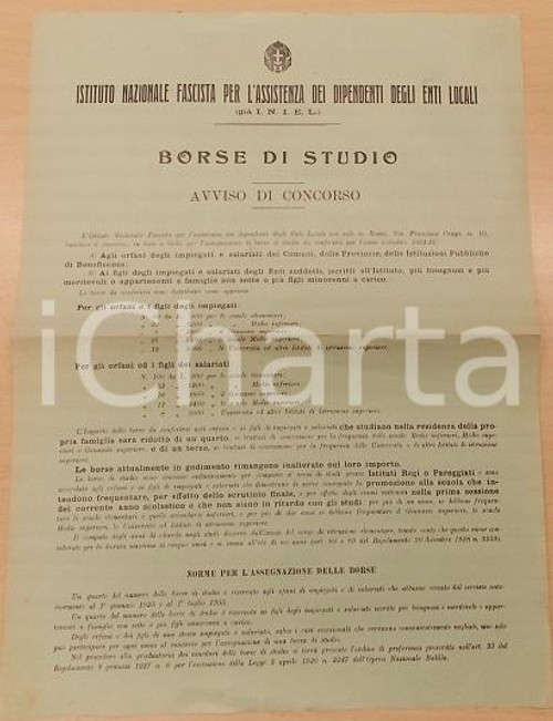Documento originale, autentico 1934 ROMA Concorso borse di studio per figli dipendenti Enti Locali Manifesto 1