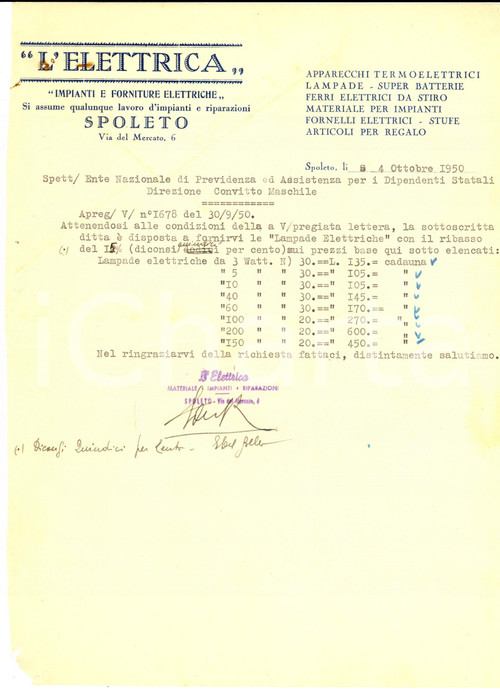 Documento originale, autentico 1950 SPOLETO Impianti L ELETTRICA Forniture Preventivo per lampade 1